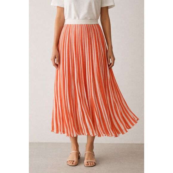 Kim Rogers Striped Maxi Skirt Orange White Pleated Coastal Resort Wear Medium M - Picture 2 of 12